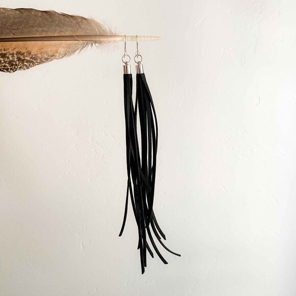 Vegan Leather Black Tassel Earrings - Picture 1 of 4